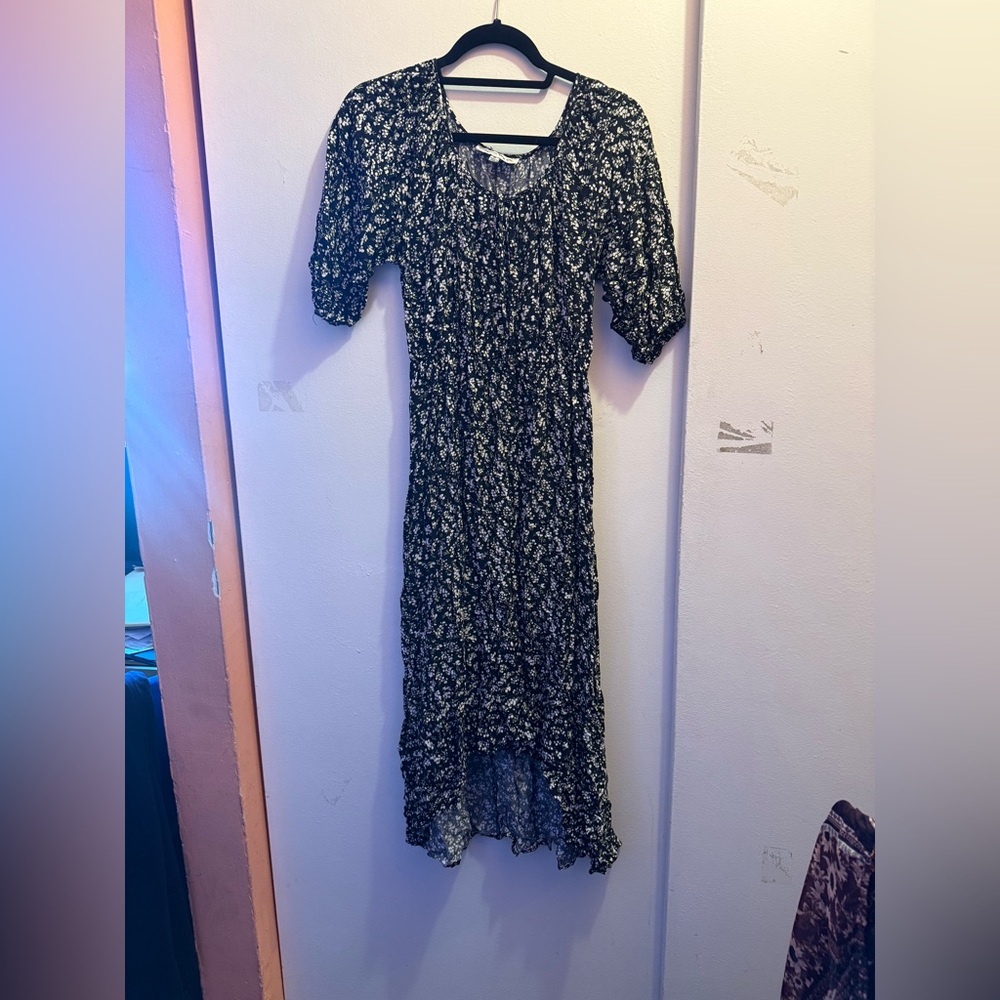 Black Floral Midi Dress with Puff Sleeves and Ruffle Hem